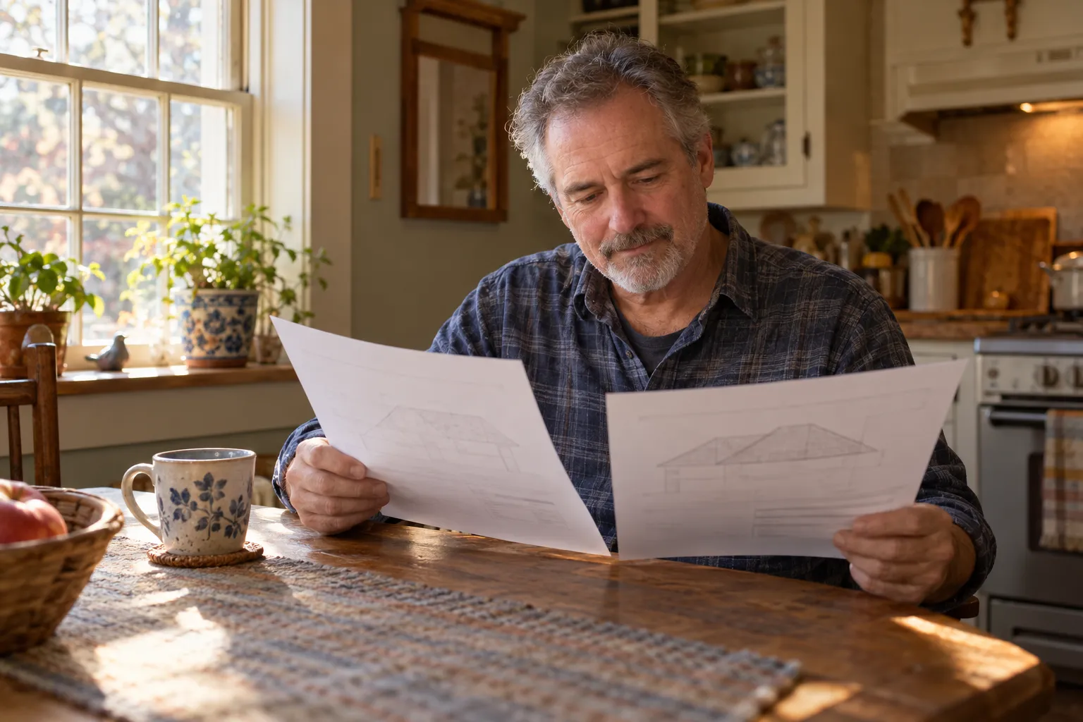 A homeowner reviewing roof estimates at a kitchen table in the North Prairie area